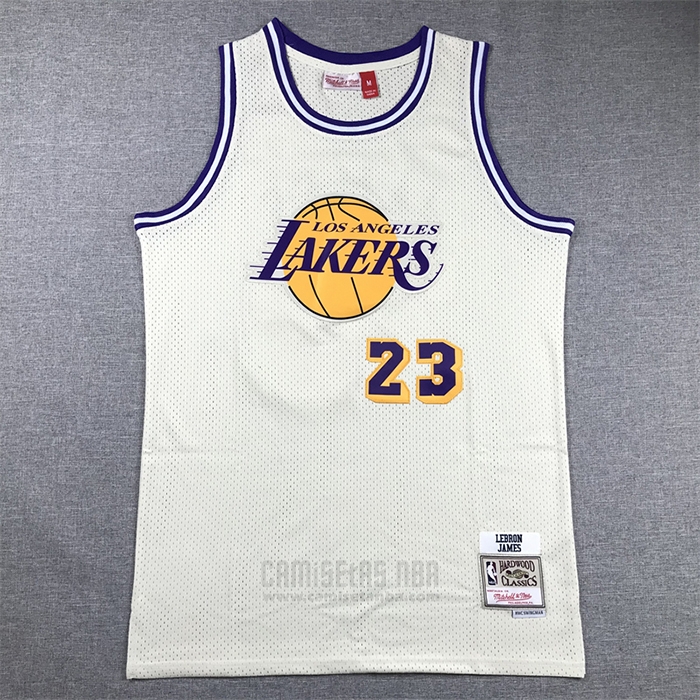 Camiseta Los Angeles Lakers Lebron James #23 Mitchell & Ness Chainstitch Crema